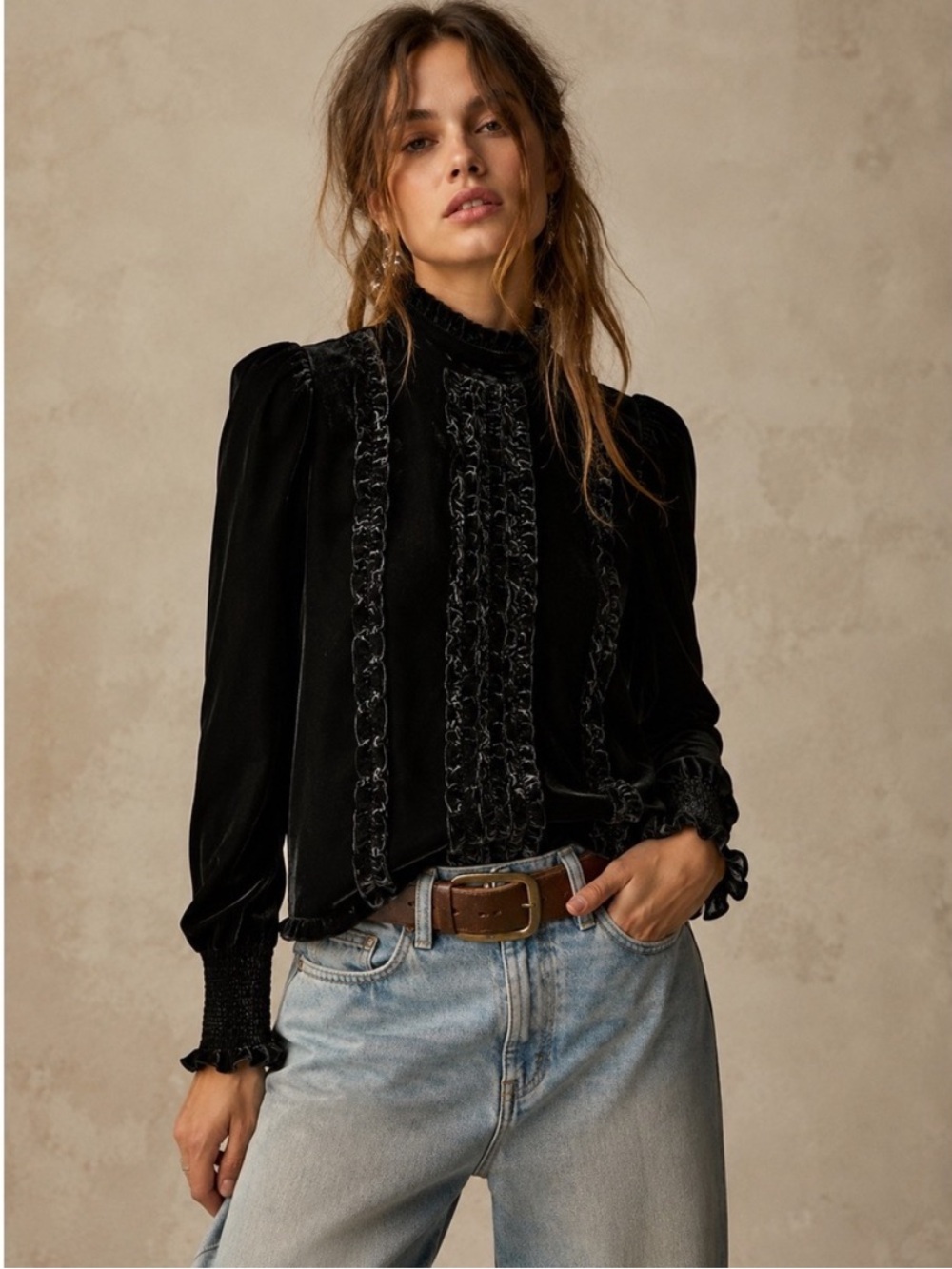 Frame Black Velvet Ruffle Mock Neck Blouse with Button Back